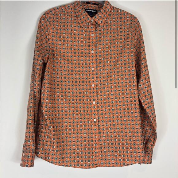 Land end orange printed cotton button up no iron - Picture 1 of 5